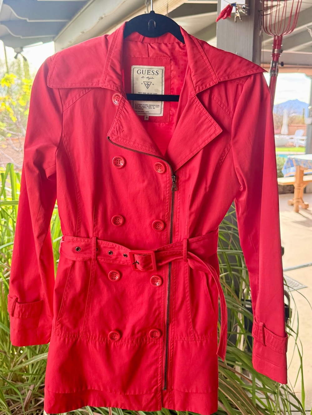 GUESS Cherry Red Double-Breasted Trench Coat with Belt